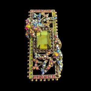 Artsy Bar Rectangular Pin/Brooch Citrine + Multicolored Crystals Intricate New